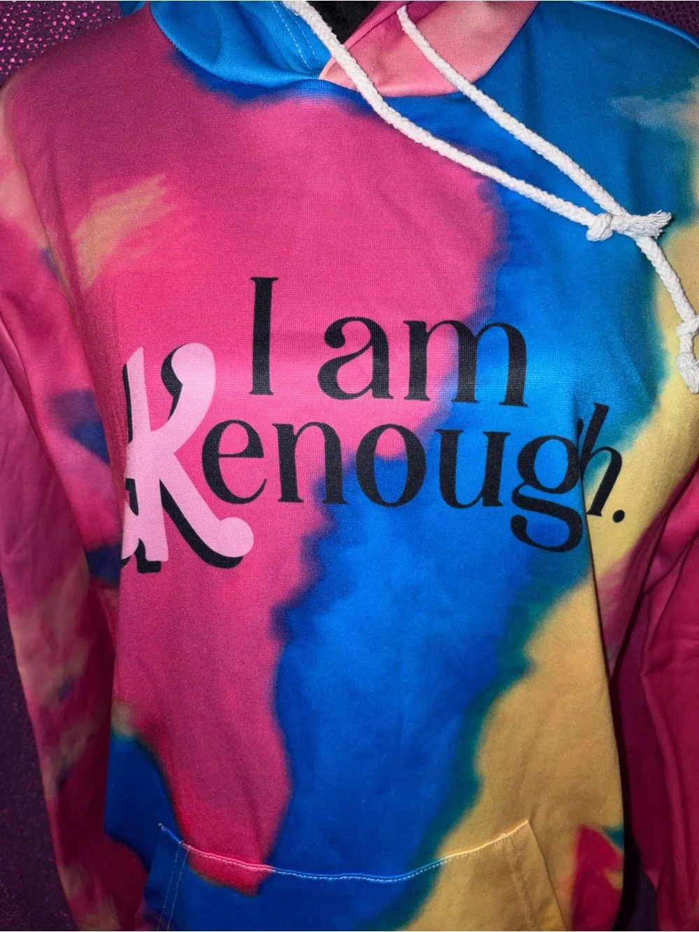 🆕💜 I Am Kenough Tie Dye Hoodie Pink Blue Yellow Pullover Kangaroo Pocket Size M - Picture 5 of 11
